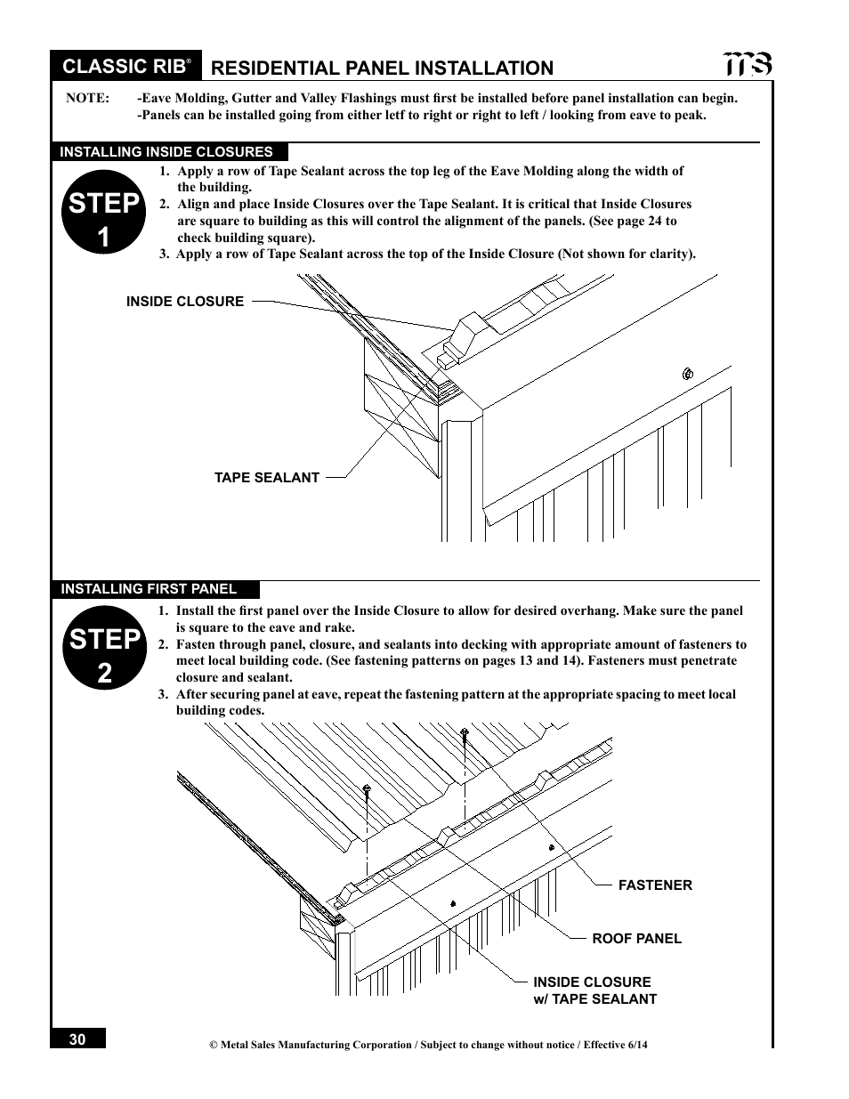 Step 1 step 2, Classic rib, Residential panel installation | Metal Sales Classic Rib Installation User Manual | Page 30 / 37