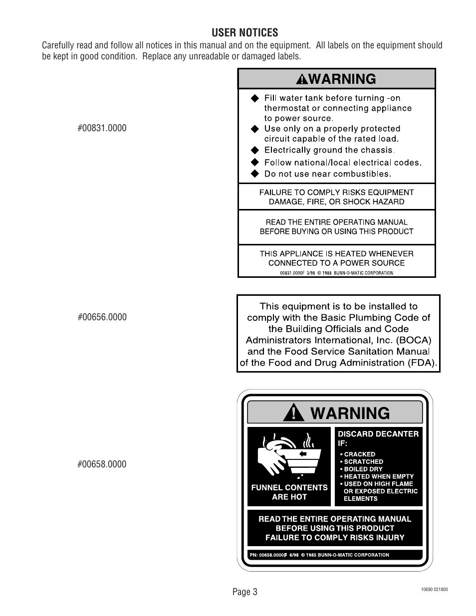 User notices | Bunn CW-APS User Manual | Page 3 / 33