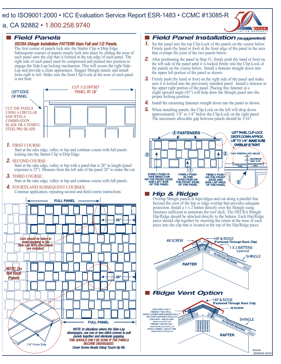 Field panels, Field panel installation, Hip & ridge | Ridge vent option | Metal Sales DECRA User Manual | Page 4 / 6
