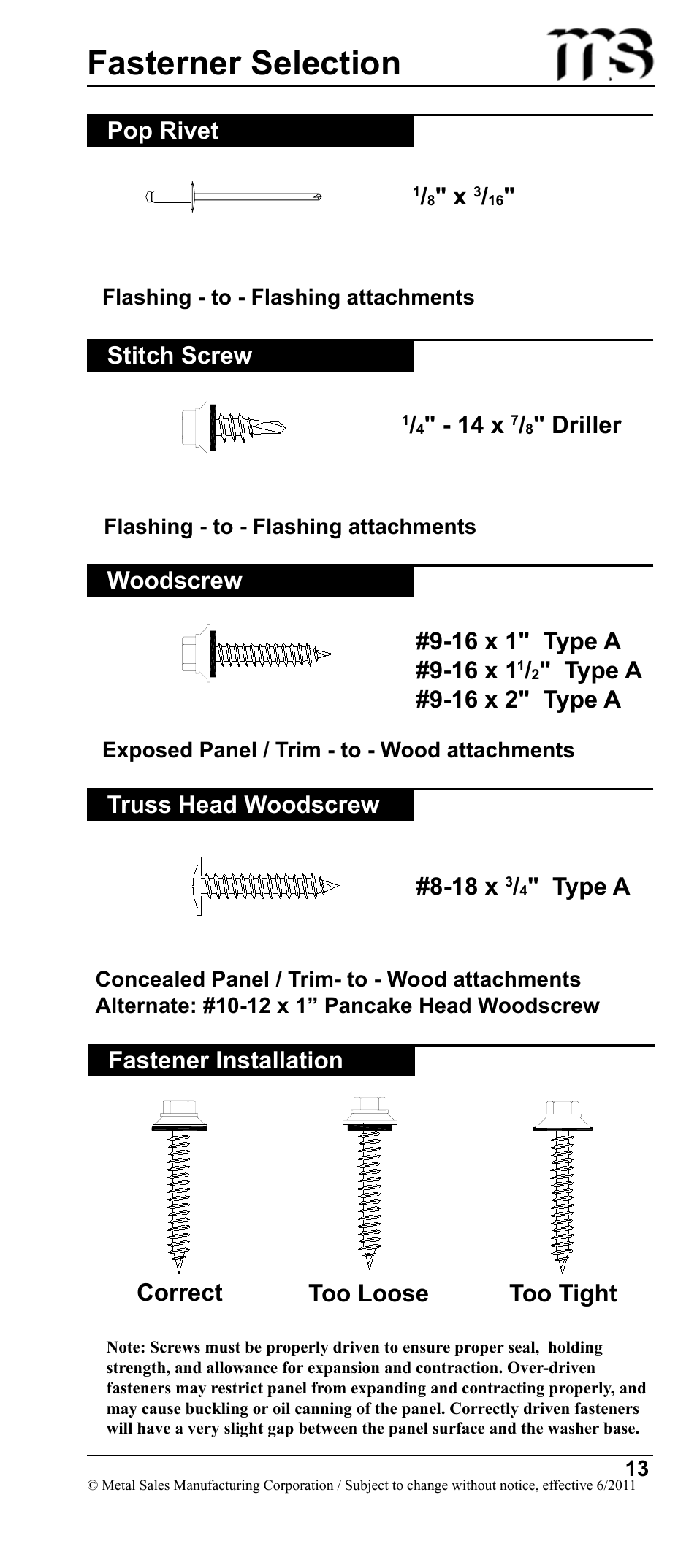 Fasterner selection, 14 x, Type a #9-16 x 2" type a | Fastener installation correct too loose too tight, 18 x, Type a | Metal Sales Image II Installation User Manual | Page 13 / 39