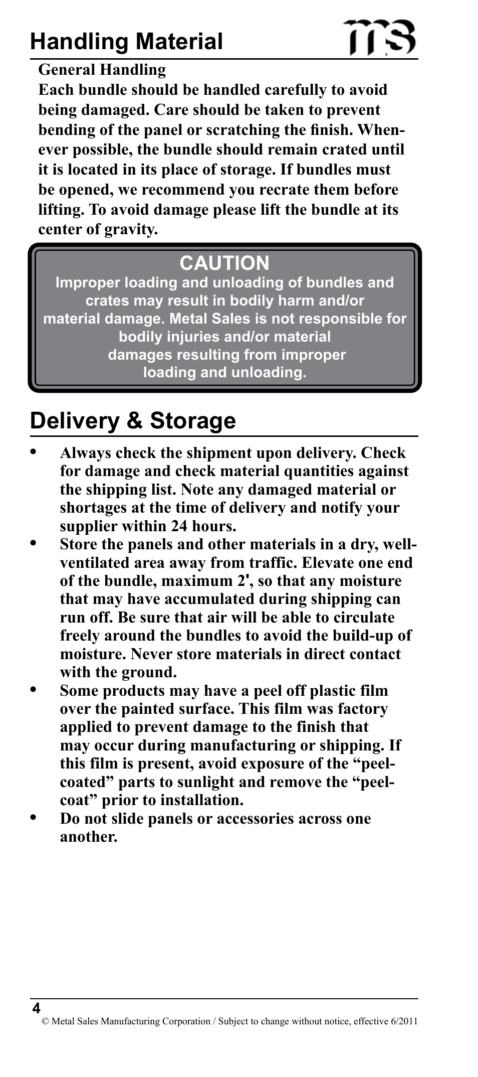 Handling material, Delivery & storage, Caution | Metal Sales Image II Installation User Manual | Page 4 / 39