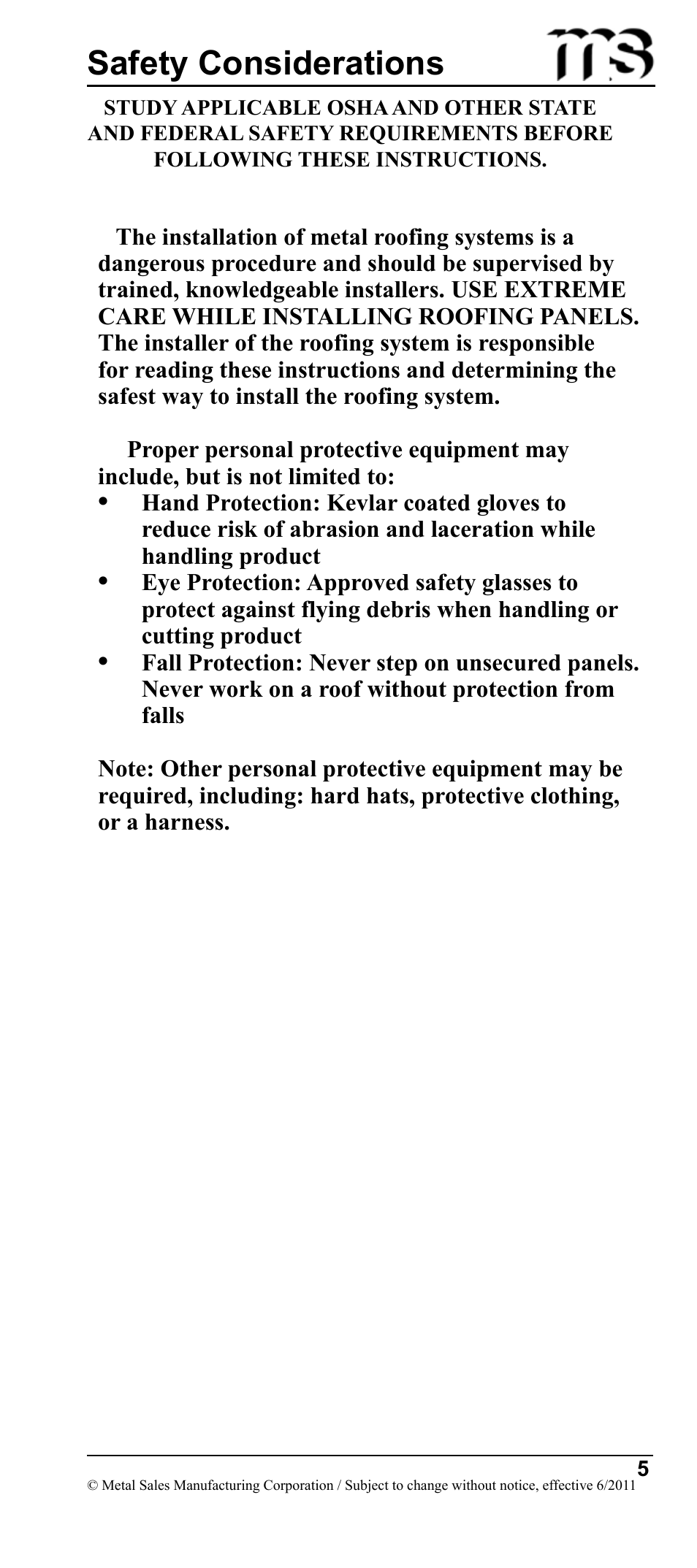 Safety considerations | Metal Sales Image II Installation User Manual | Page 5 / 39