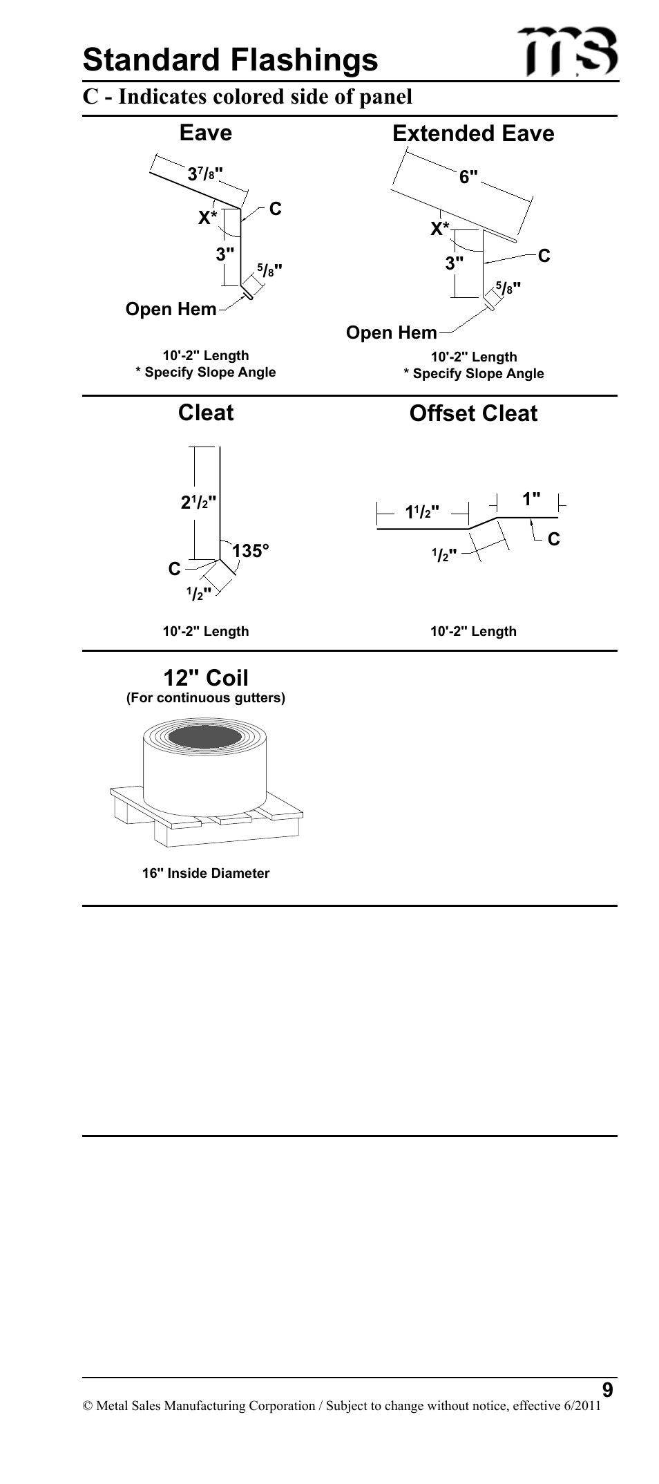 Standard flashings, Eave, Extended eave cleat offset cleat | 12'' coil, C - indicates colored side of panel | Metal Sales Image II Installation User Manual | Page 9 / 39