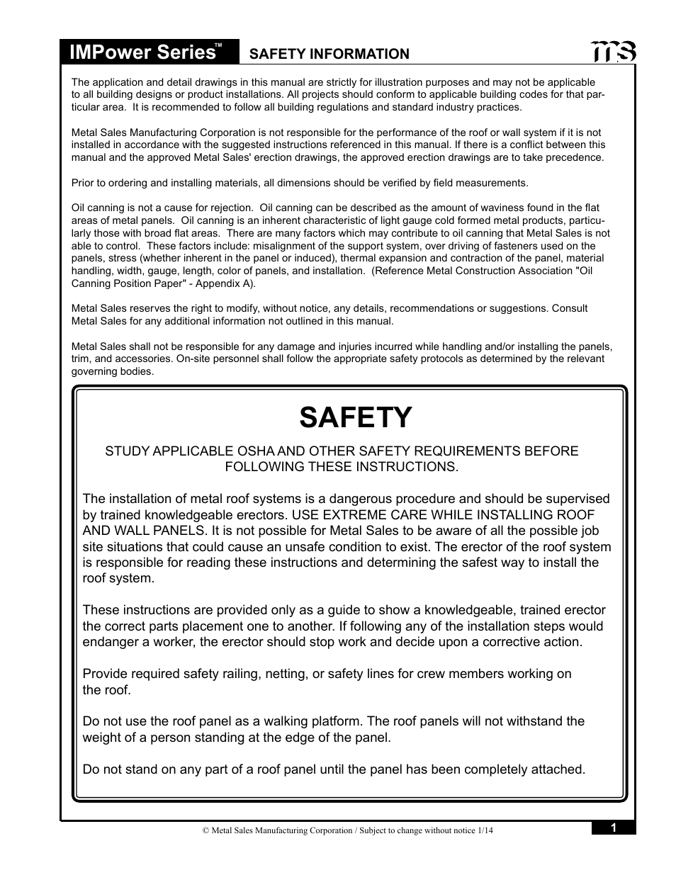 Safety, Impower series, Safety information | Metal Sales IMPower Series User Manual | Page 2 / 23