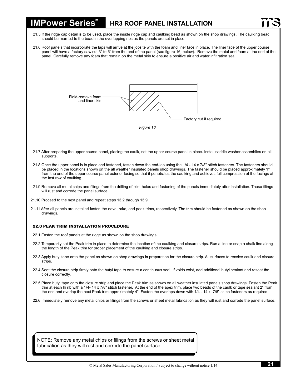 Impower series, Hr3 roof panel installation | Metal Sales IMPower Series User Manual | Page 22 / 23