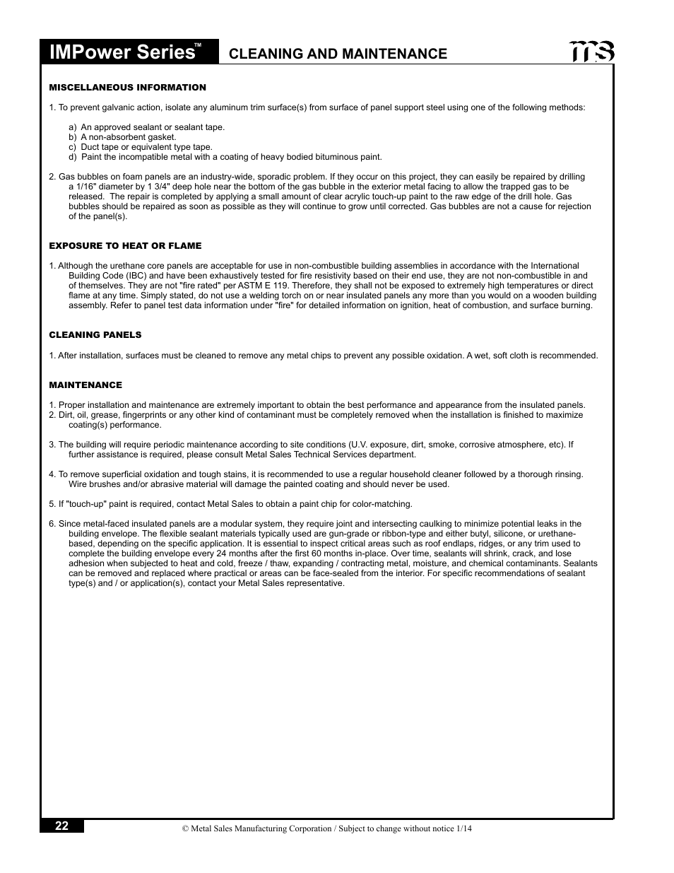 Impower series, Cleaning and maintenance | Metal Sales IMPower Series User Manual | Page 23 / 23