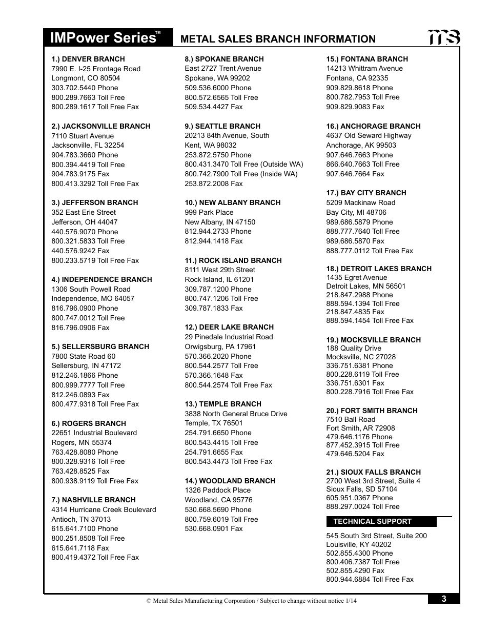 Impower series, Metal sales branch information | Metal Sales IMPower Series User Manual | Page 4 / 23