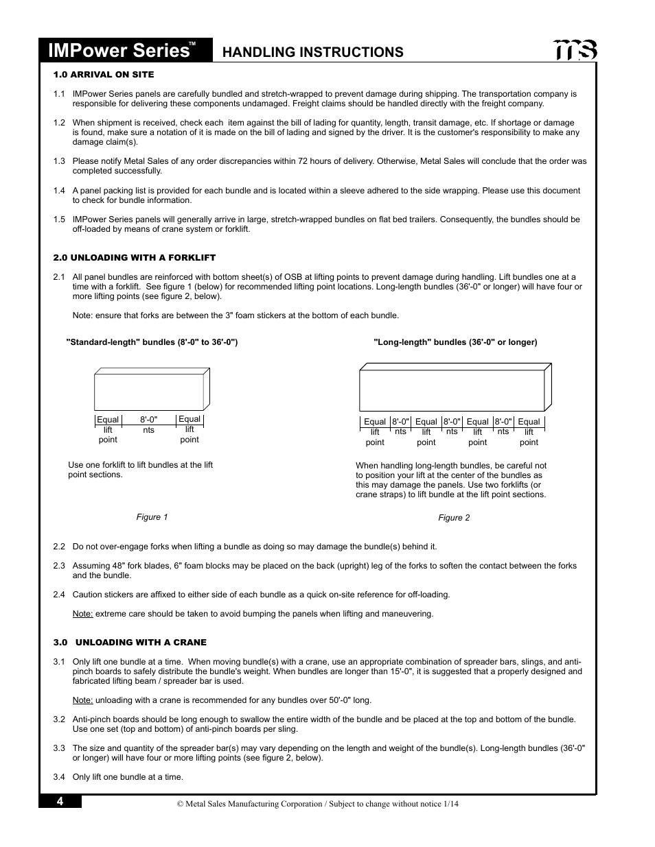 Impower series, Handling instructions | Metal Sales IMPower Series User Manual | Page 5 / 23