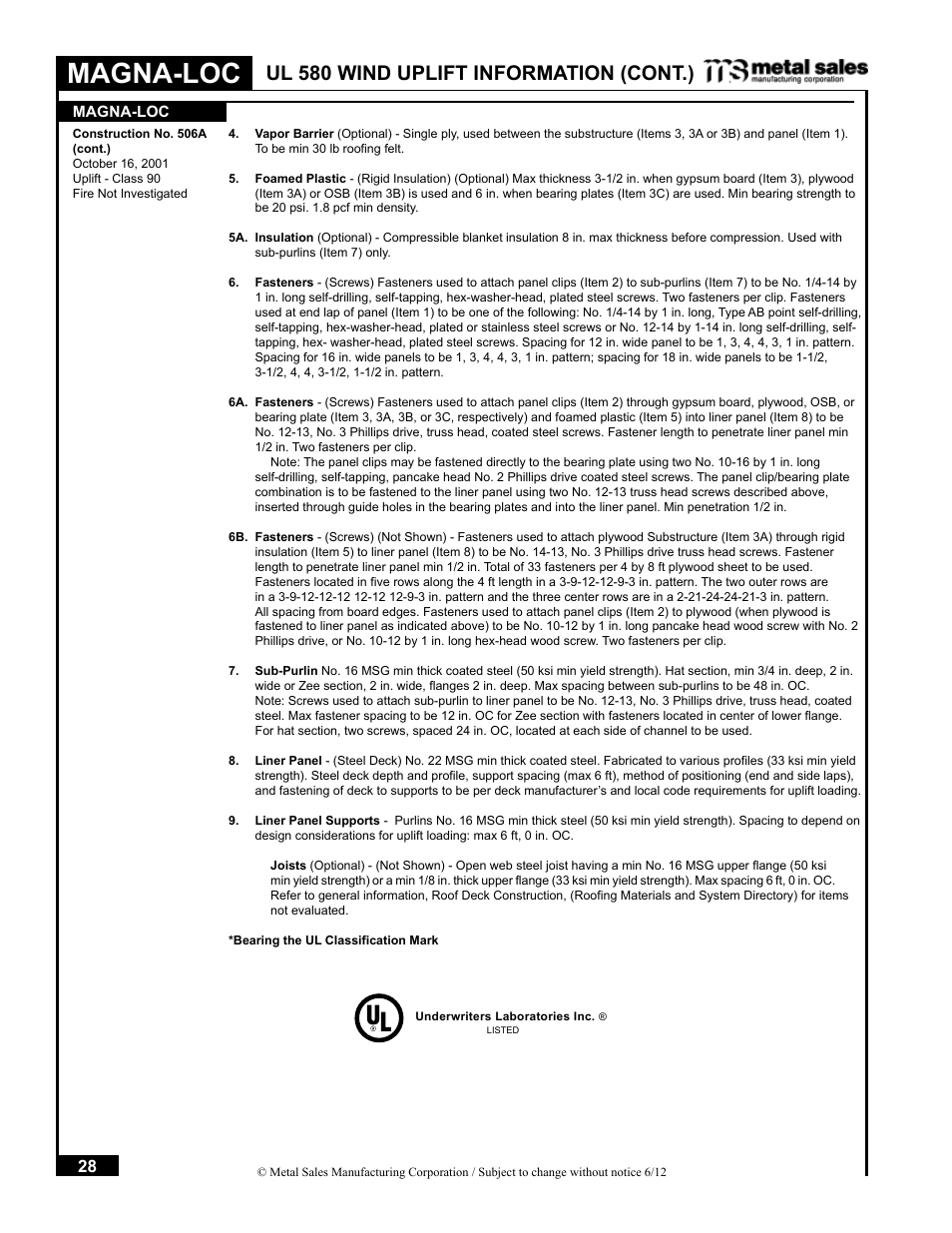 Magna-loc, Ul 580 wind uplift information (cont.) | Metal Sales Magna-Loc Installation User Manual | Page 28 / 85