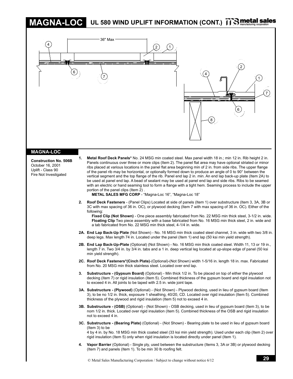 Magna-loc, Ul 580 wind uplift information (cont.) | Metal Sales Magna-Loc Installation User Manual | Page 29 / 85