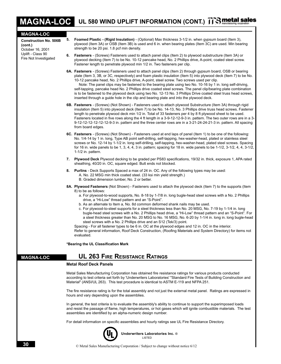 Magna-loc, Ul 263 f, Ul 580 wind uplift information (cont.) | Metal Sales Magna-Loc Installation User Manual | Page 30 / 85