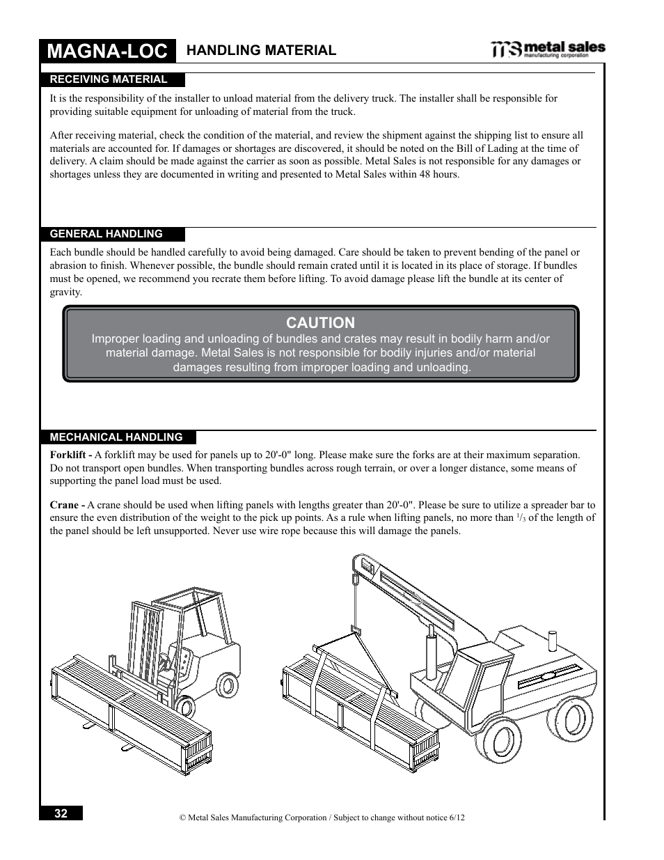 Magna-loc, Caution, Handling material | Metal Sales Magna-Loc Installation User Manual | Page 32 / 85