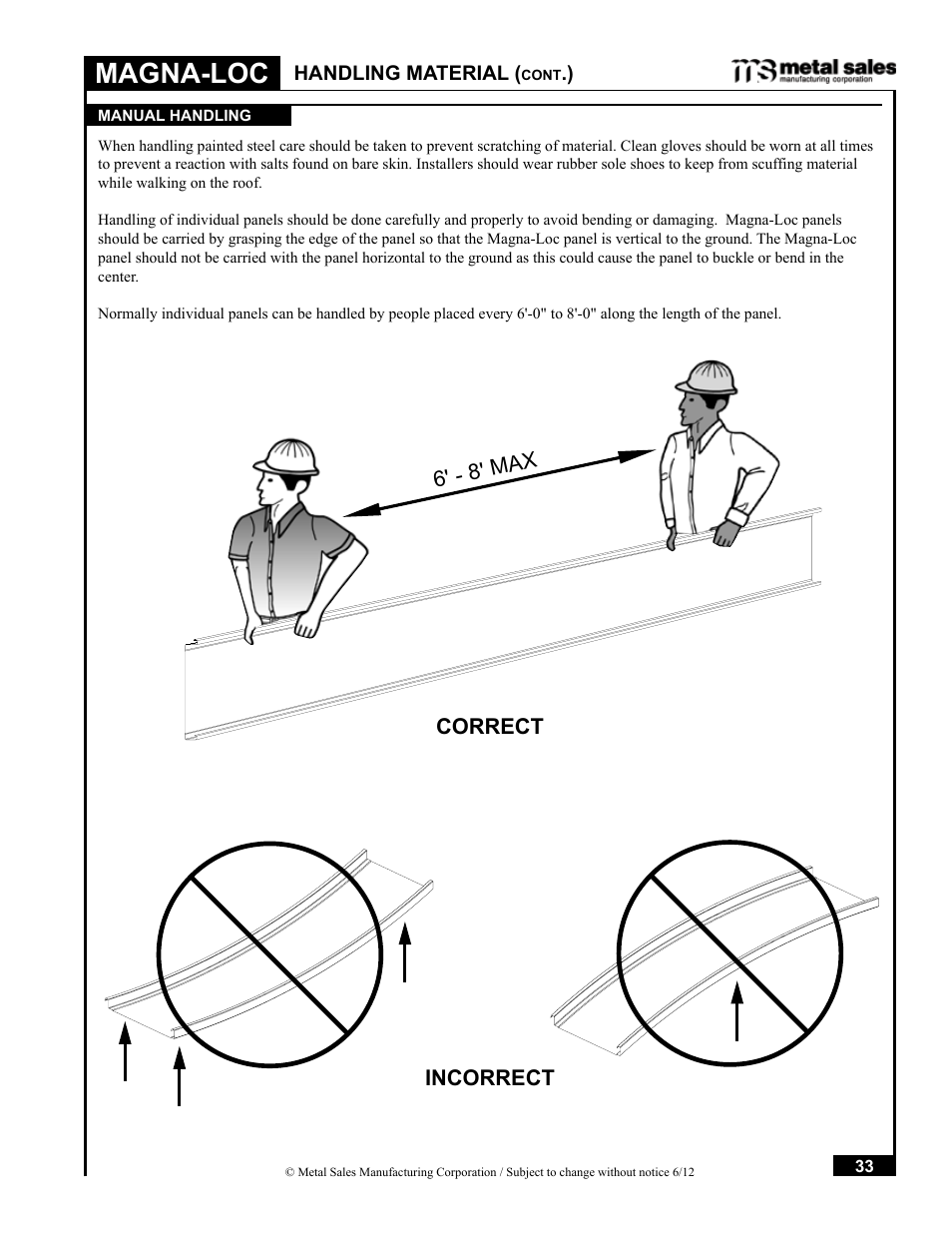 Magna-loc, Correct 6' - 8' max, Incorrect | Metal Sales Magna-Loc Installation User Manual | Page 33 / 85