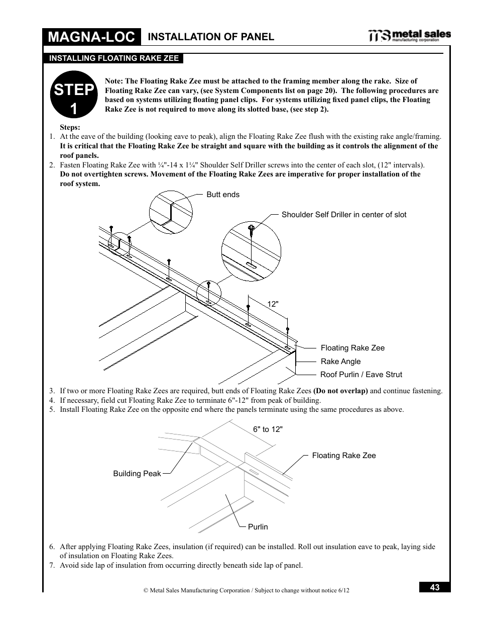 Step 1, Magna-loc, Installation of panel | Metal Sales Magna-Loc Installation User Manual | Page 43 / 85