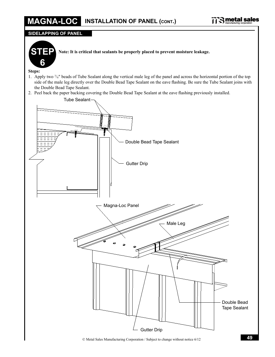 Step 6, Magna-loc, Installation of panel | Metal Sales Magna-Loc Installation User Manual | Page 49 / 85