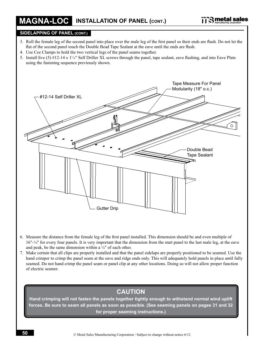 Magna-loc, Caution, Installation of panel | Metal Sales Magna-Loc Installation User Manual | Page 50 / 85