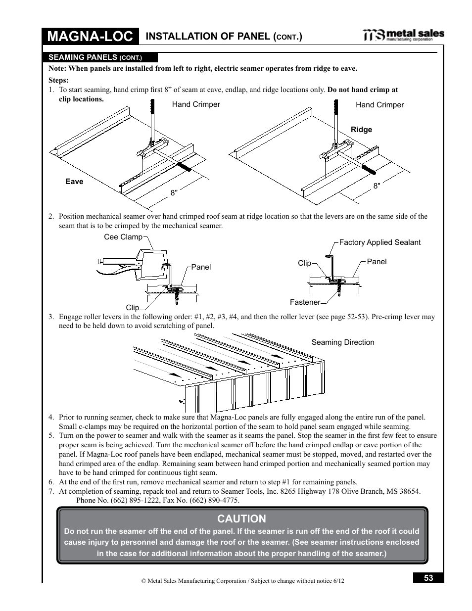 Magna-loc, Caution, Installation of panel | Metal Sales Magna-Loc Installation User Manual | Page 53 / 85