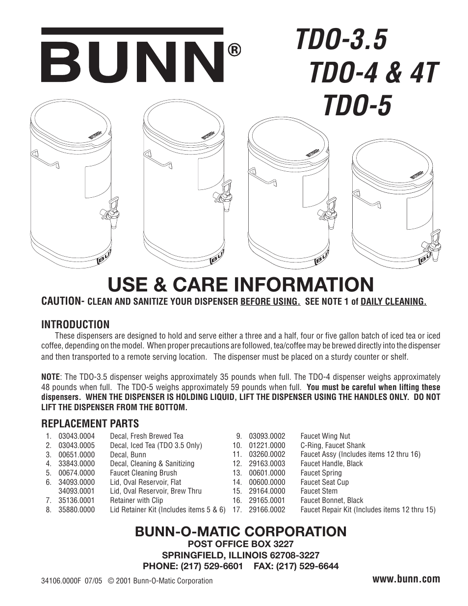 Bunn TDO-3.5 User Manual | 2 pages