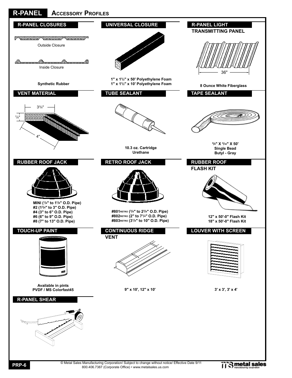 R-panel a, Prp-6, Ccessory | Rofiles tape sealant touch-up paint, Vent material, Retro roof jack, Rubber roof jack, Rubber roof flash kit, Continuous ridge vent louver with screen | Metal Sales PBR-Panel User Manual | Page 6 / 20