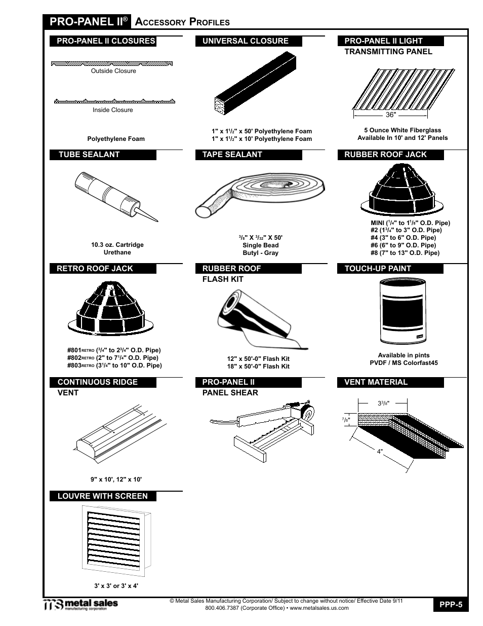 Pro-panel ii, Ppp-5, Ccessory | Rofiles tape sealant touch-up paint, Retro roof jack, Rubber roof jack, Rubber roof flash kit, Continuous ridge vent, Vent material, Panel shear | Metal Sales Pro-Panel II Manual User Manual | Page 5 / 16