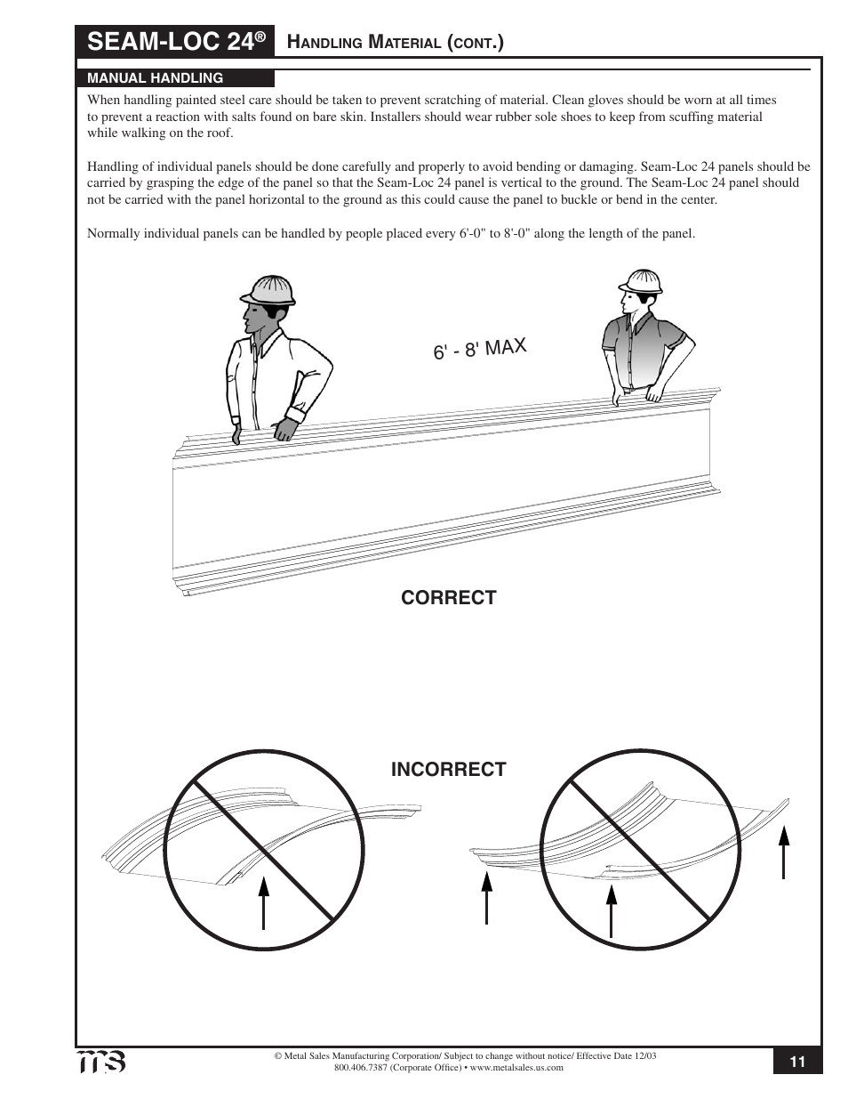 Seam-loc 24, 6' - 8' max, Incorrect | Correct h | Metal Sales Seam-Loc 24 Installation User Manual | Page 12 / 66