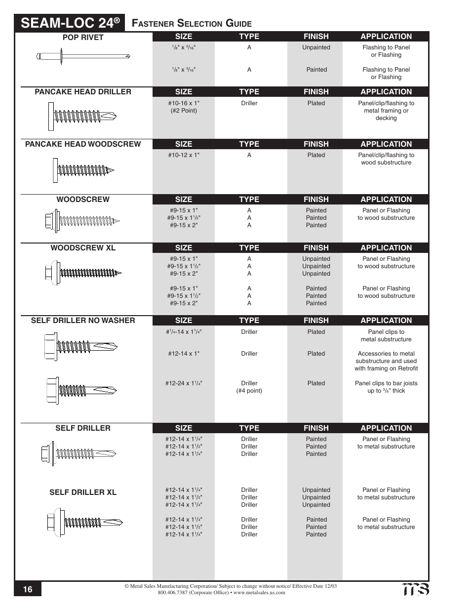 Seam-loc 24, Astener, Election | Uide self driller no washer, Self driller pancake head woodscrew, Pancake head driller, Woodscrew xl woodscrew | Metal Sales Seam-Loc 24 Installation User Manual | Page 17 / 66