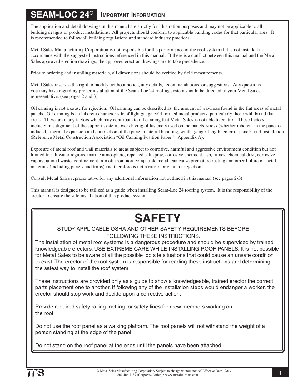 Safety, Seam-loc 24 | Metal Sales Seam-Loc 24 Installation User Manual | Page 2 / 66
