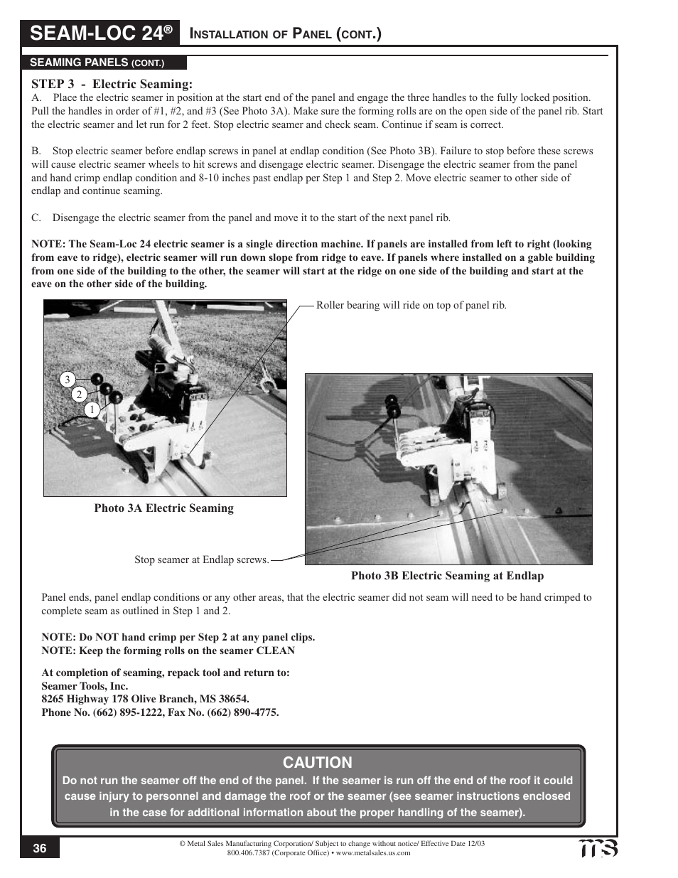 Seam-loc 24, Caution | Metal Sales Seam-Loc 24 Installation User Manual | Page 37 / 66