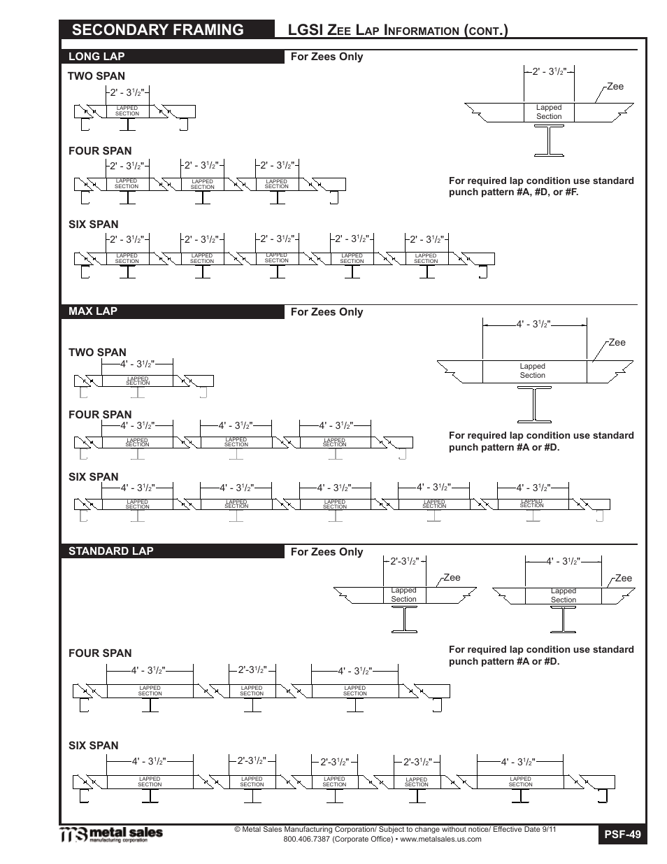 Secondary framing, Lgsi z, Psf-49 | Nformation, Cont, Four span six span two span, Four span six span | Metal Sales Secondary Framing User Manual | Page 49 / 53