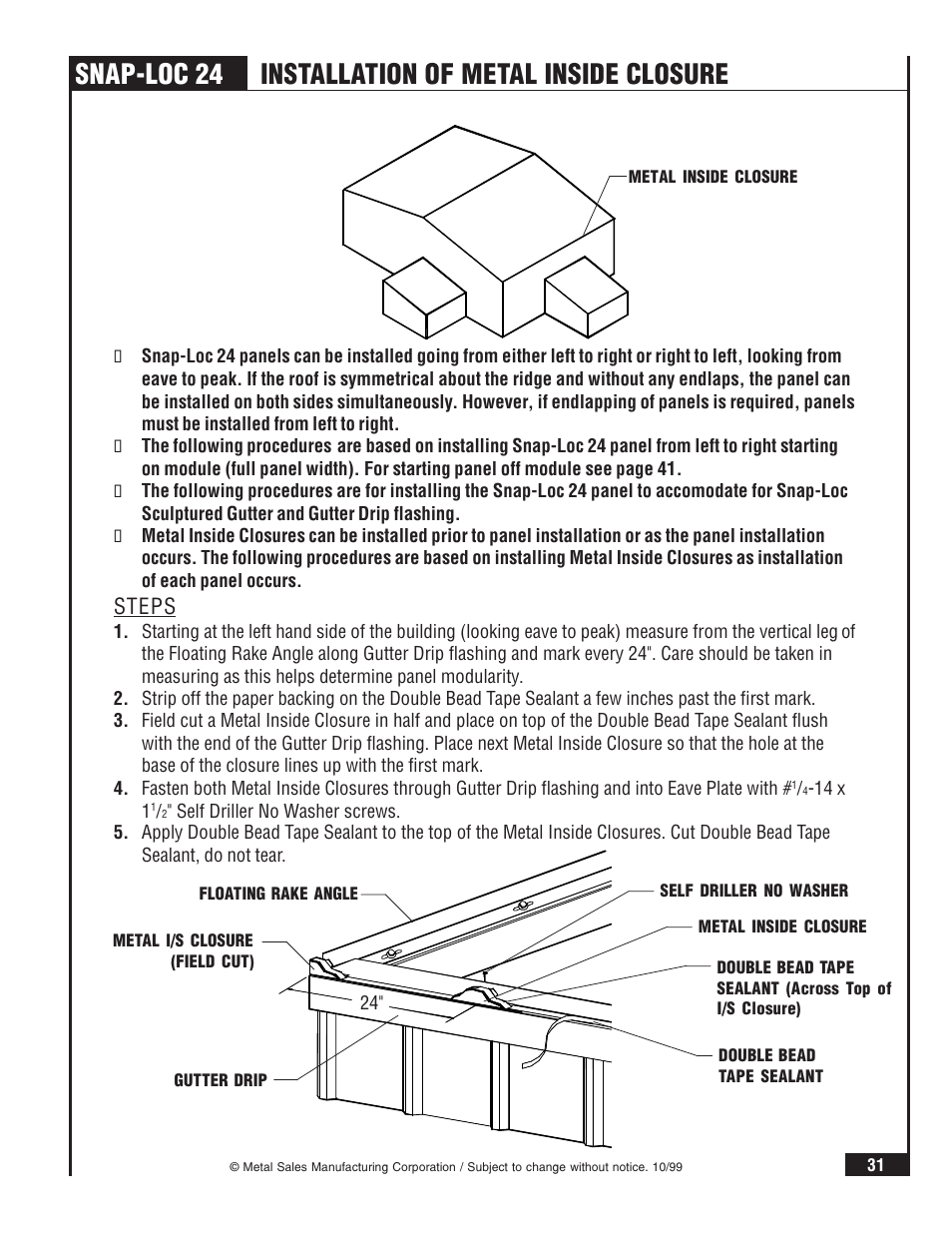 Snap-loc 24 installation of metal inside closure, Steps | Metal Sales Snap-Loc 24 Installation User Manual | Page 32 / 69
