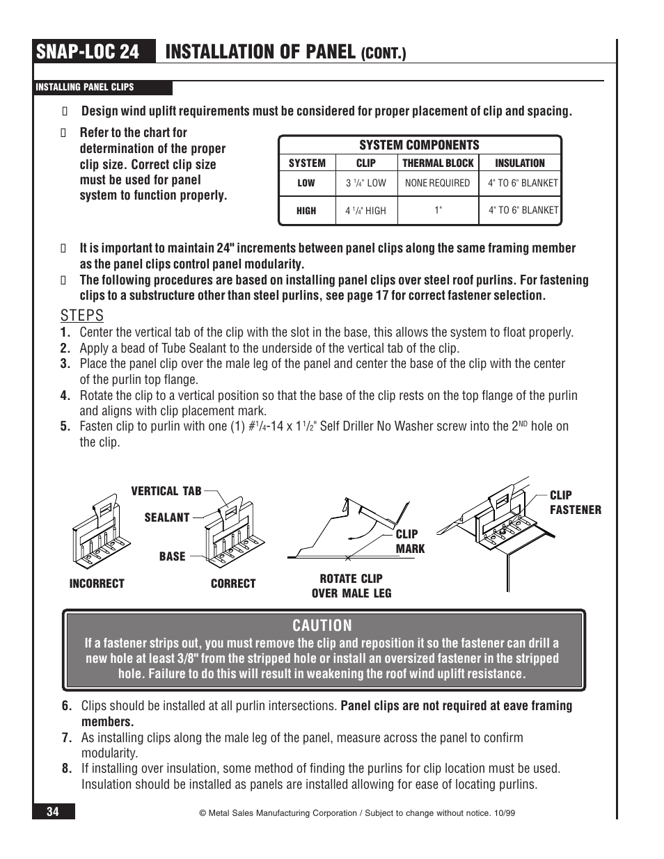 Snap-loc 24, Installation of panel, Cont.) | Caution, Steps | Metal Sales Snap-Loc 24 Installation User Manual | Page 35 / 69