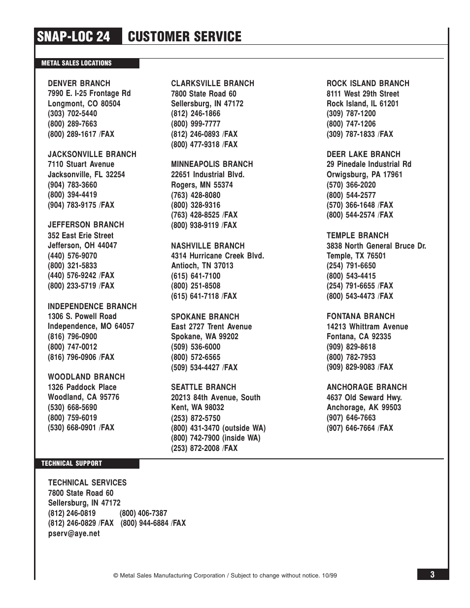 Snap-loc 24, Customer service | Metal Sales Snap-Loc 24 Installation User Manual | Page 4 / 69