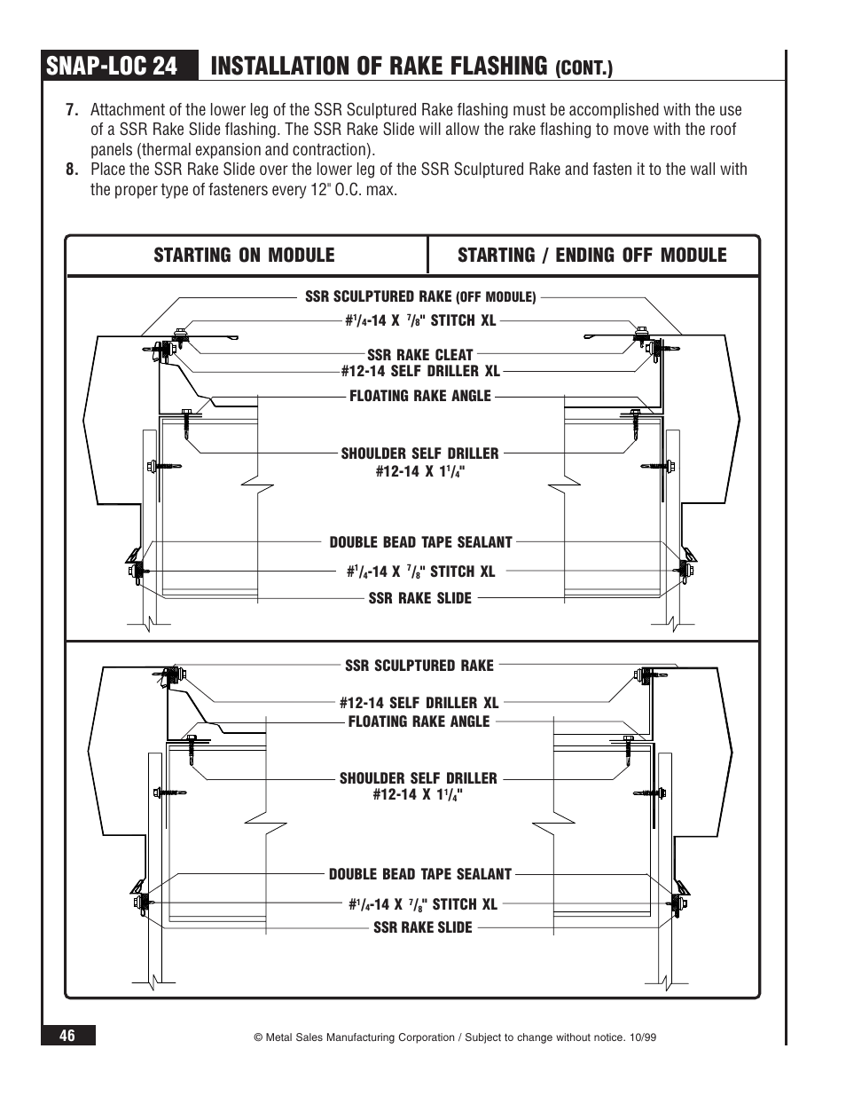 Snap-loc 24, Installation of rake flashing, Starting on module starting / ending off module | Cont.) | Metal Sales Snap-Loc 24 Installation User Manual | Page 47 / 69