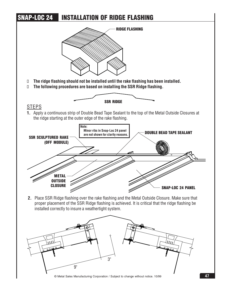 Snap-loc 24, Installation of ridge flashing | Metal Sales Snap-Loc 24 Installation User Manual | Page 48 / 69