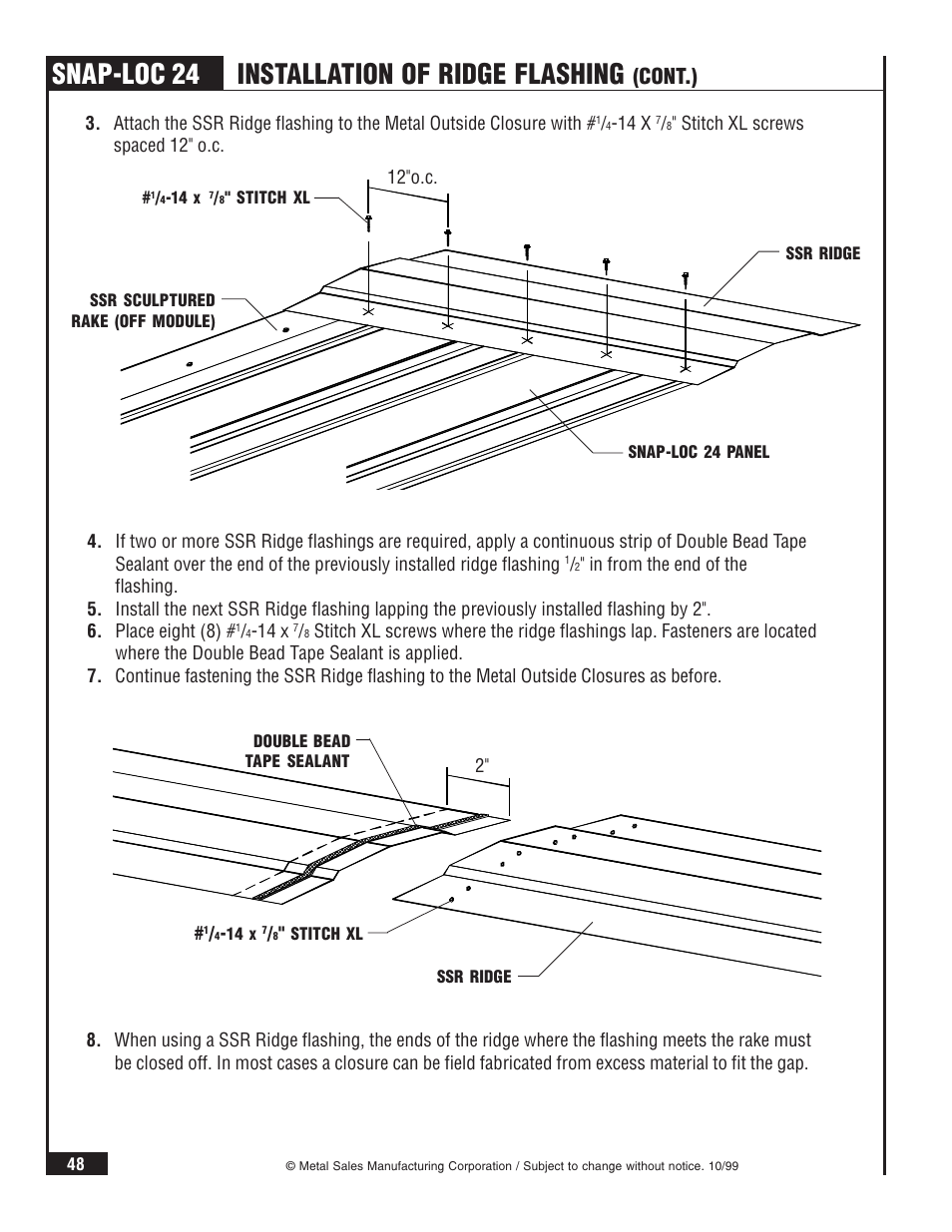 Snap-loc 24, Installation of ridge flashing, Cont.) | Metal Sales Snap-Loc 24 Installation User Manual | Page 49 / 69