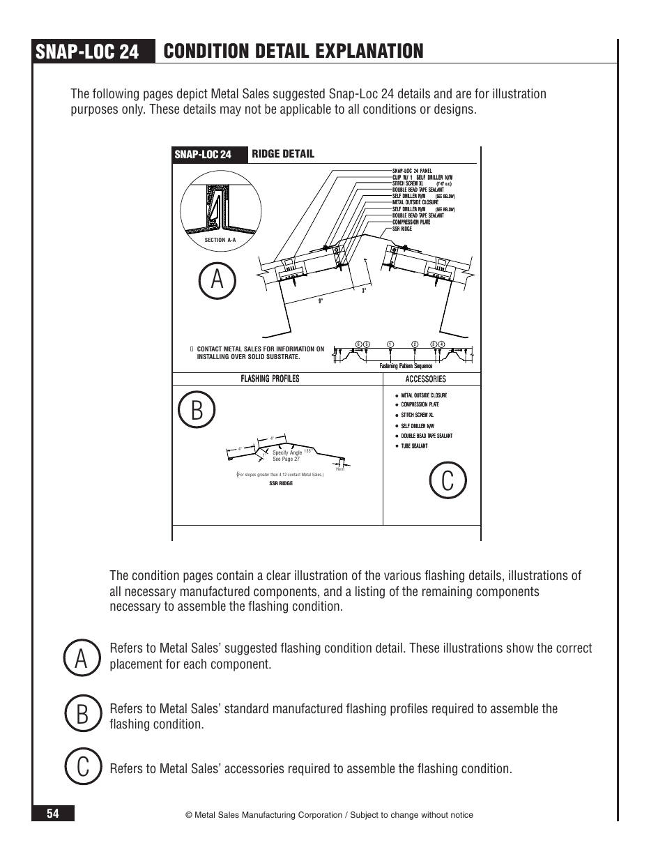 Ab c, Snap-loc 24, Condition detail explanation | Snap-loc 24 ridge detail | Metal Sales Snap-Loc 24 Installation User Manual | Page 55 / 69