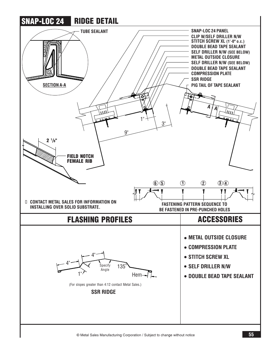 Snap-loc 24, Accessories, Ridge detail | Flashing profiles | Metal Sales Snap-Loc 24 Installation User Manual | Page 56 / 69