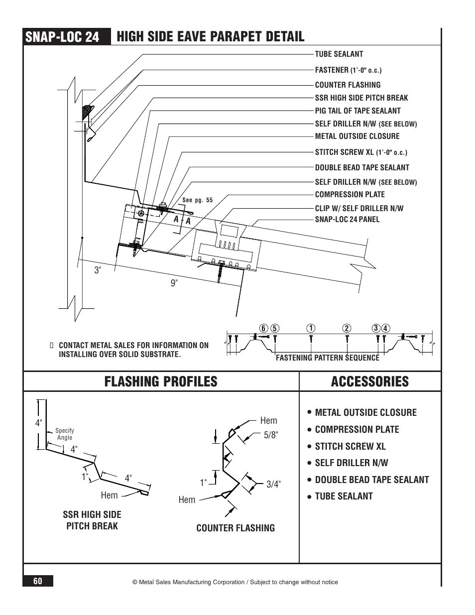 Snap-loc 24, Flashing profiles, Accessories | High side eave parapet detail | Metal Sales Snap-Loc 24 Installation User Manual | Page 61 / 69