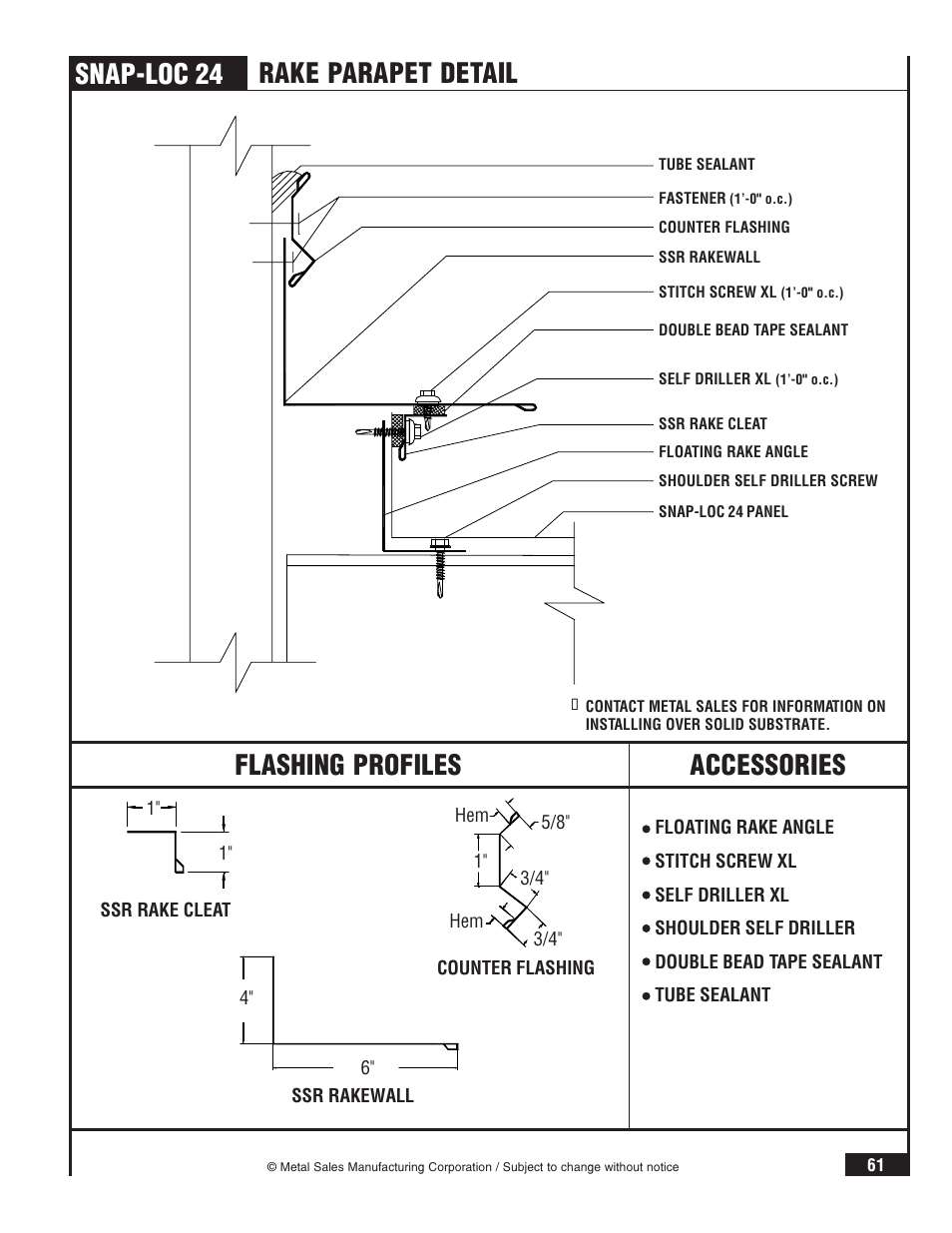 Snap-loc 24, Flashing profiles, Accessories rake parapet detail | Metal Sales Snap-Loc 24 Installation User Manual | Page 62 / 69