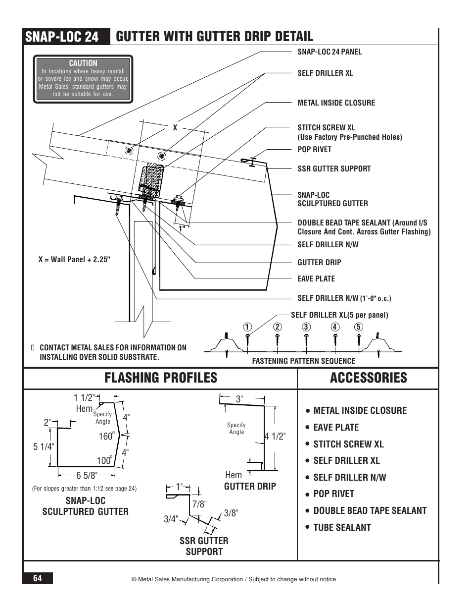 Snap-loc 24, Flashing profiles accessories, Gutter with gutter drip detail | Metal Sales Snap-Loc 24 Installation User Manual | Page 65 / 69