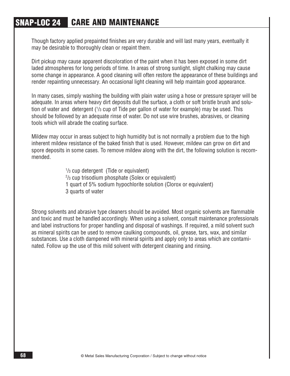Snap-loc 24, Care and maintenance | Metal Sales Snap-Loc 24 Installation User Manual | Page 69 / 69