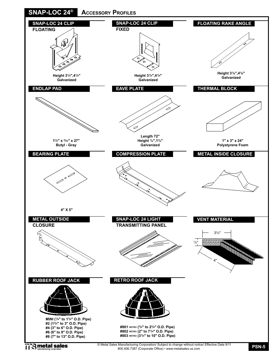 Snap-loc 24, Psn-5, Ccessory | Rofiles endlap pad, Snap-loc 24 clip eave plate, Bearing plate, Thermal block, Vent material, Retro roof jack, Rubber roof jack | Metal Sales Snap-Loc 24 Manual User Manual | Page 5 / 22