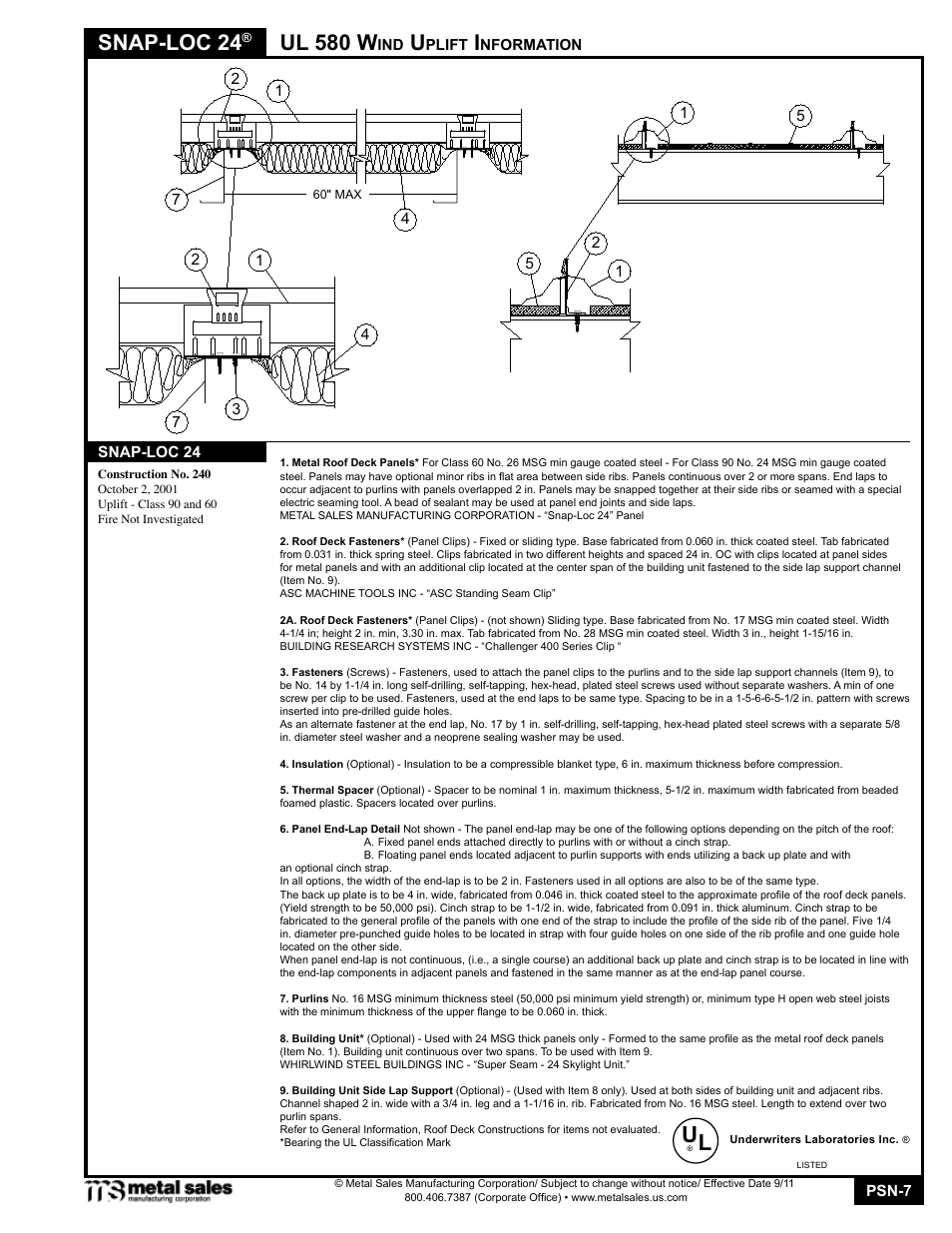 Snap-loc 24, Ul 580 w | Metal Sales Snap-Loc 24 Manual User Manual | Page 7 / 22