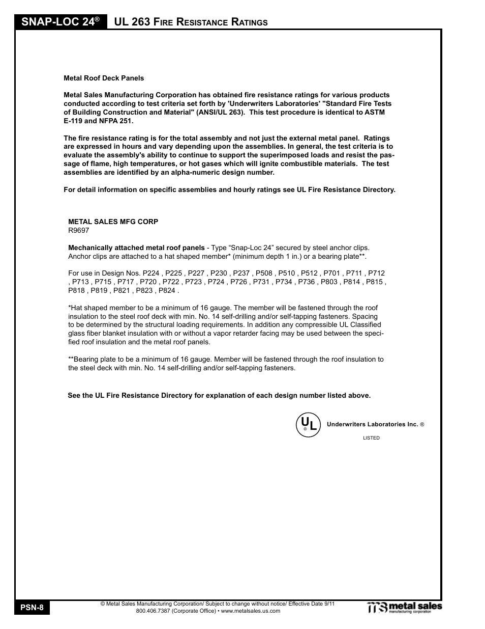 Snap-loc 24, Ul 263 f | Metal Sales Snap-Loc 24 Manual User Manual | Page 8 / 22