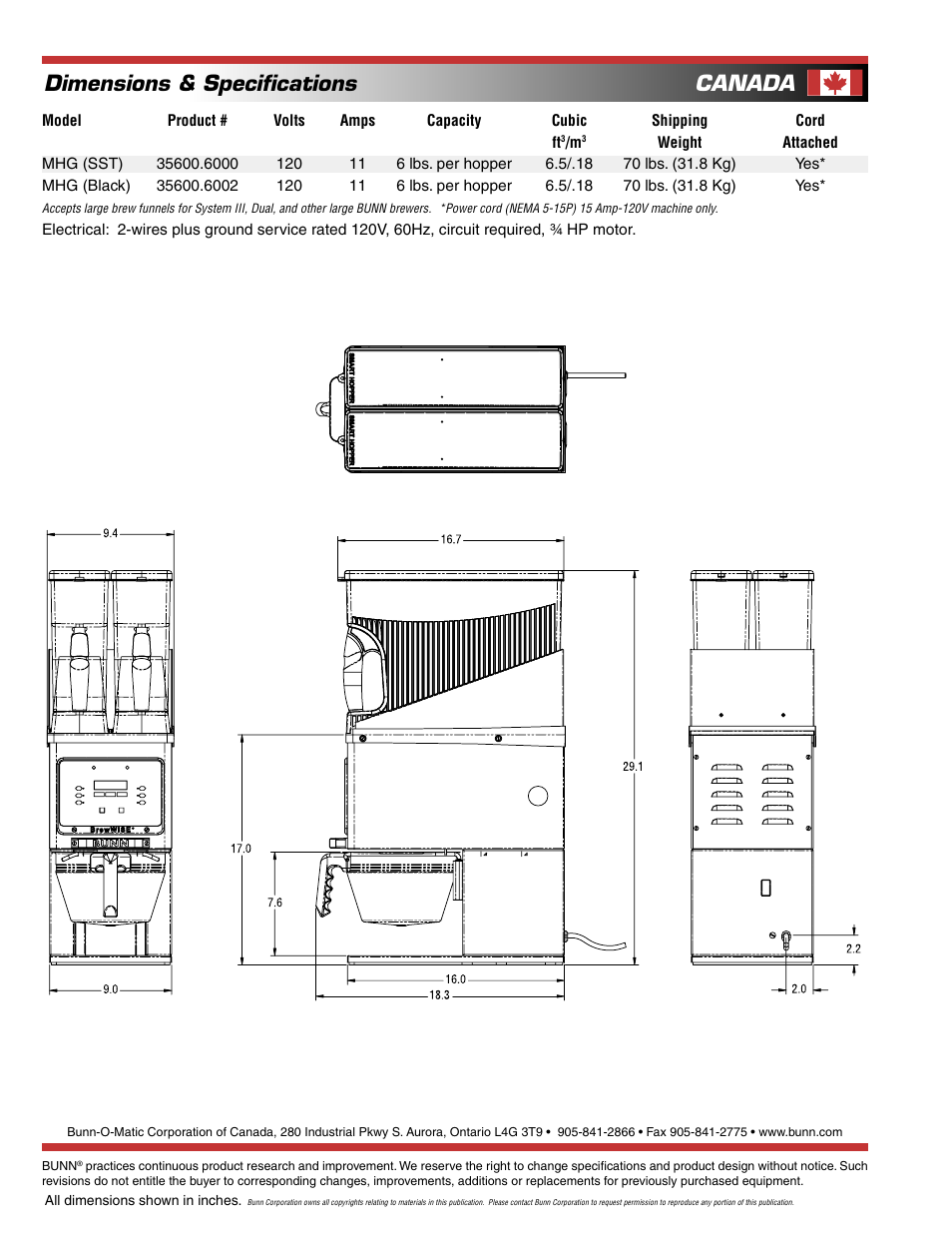 Dimensions & speciﬁcations, Canada | Bunn MHG User Manual | Page 2 / 2