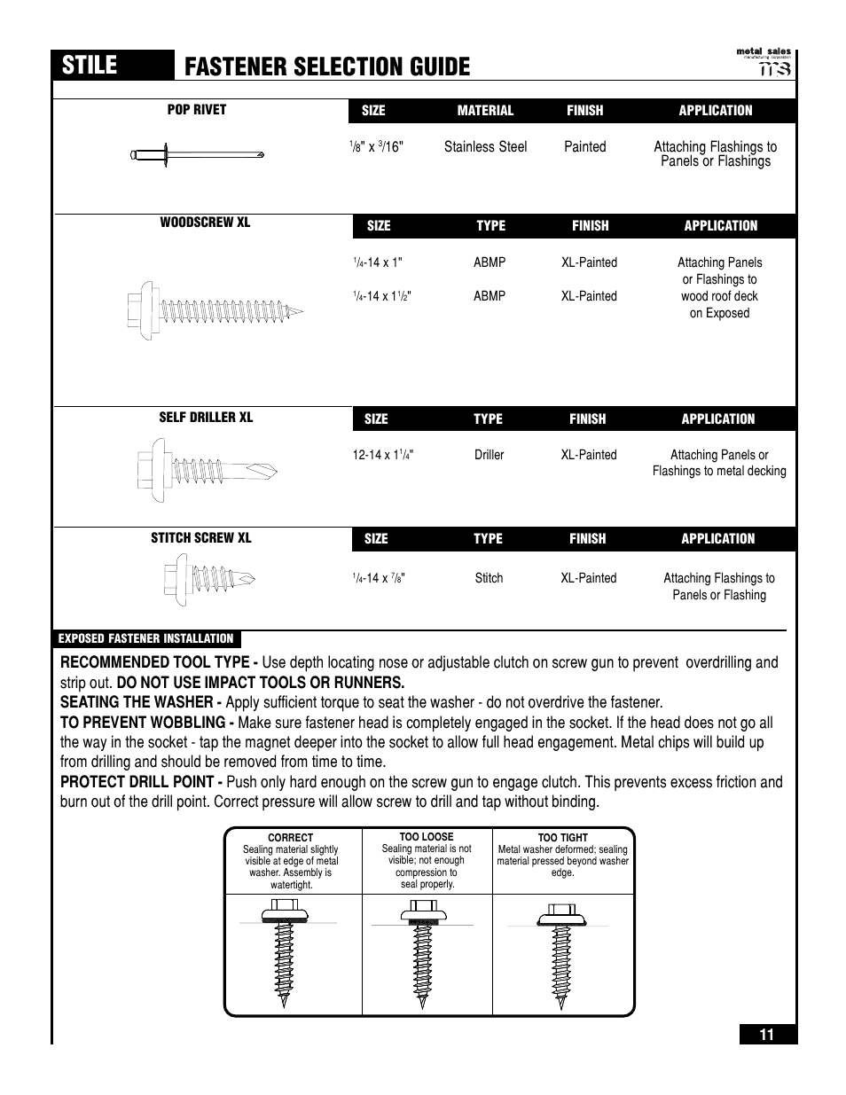 Stile, Fastener selection guide | Metal Sales Stile Installation User Manual | Page 12 / 54