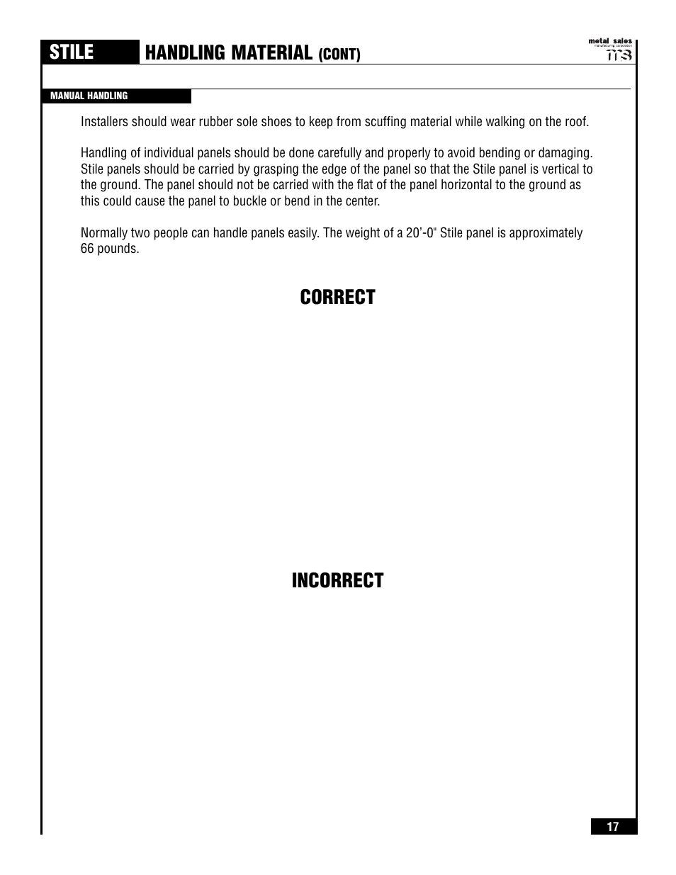 Stile, Handling material, Correct incorrect | Metal Sales Stile Installation User Manual | Page 18 / 54