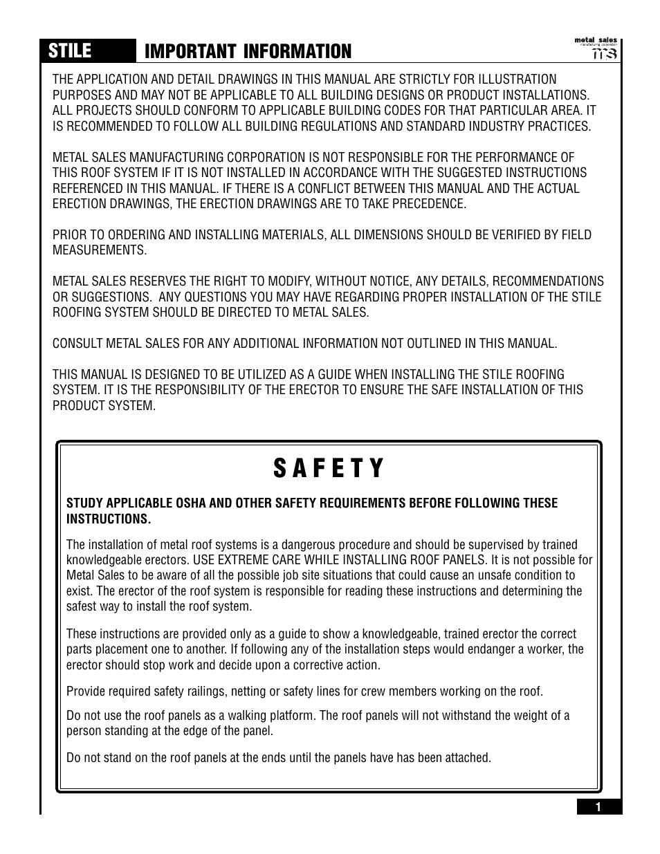 Stile, Important information | Metal Sales Stile Installation User Manual | Page 2 / 54