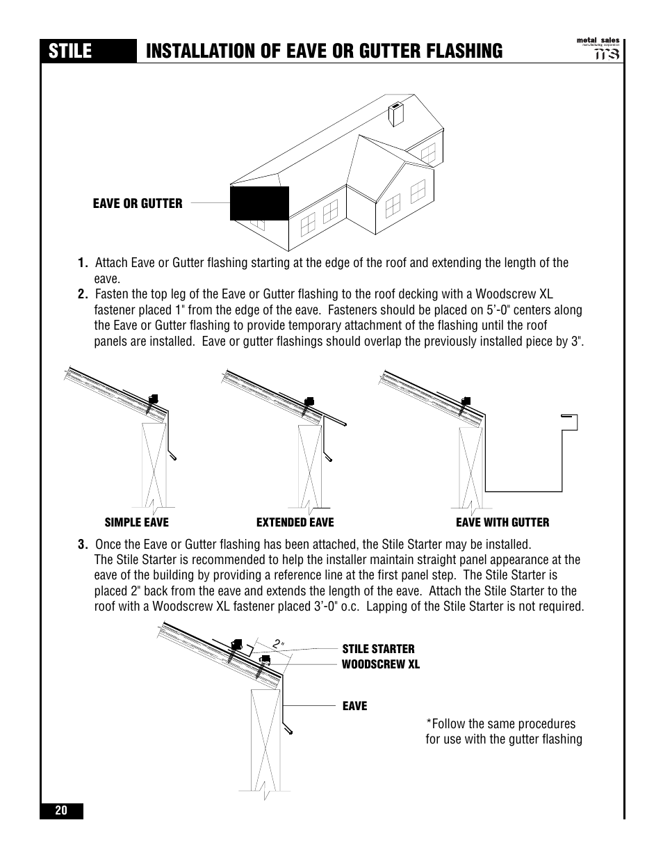 Stile, Installation of eave or gutter flashing | Metal Sales Stile Installation User Manual | Page 21 / 54
