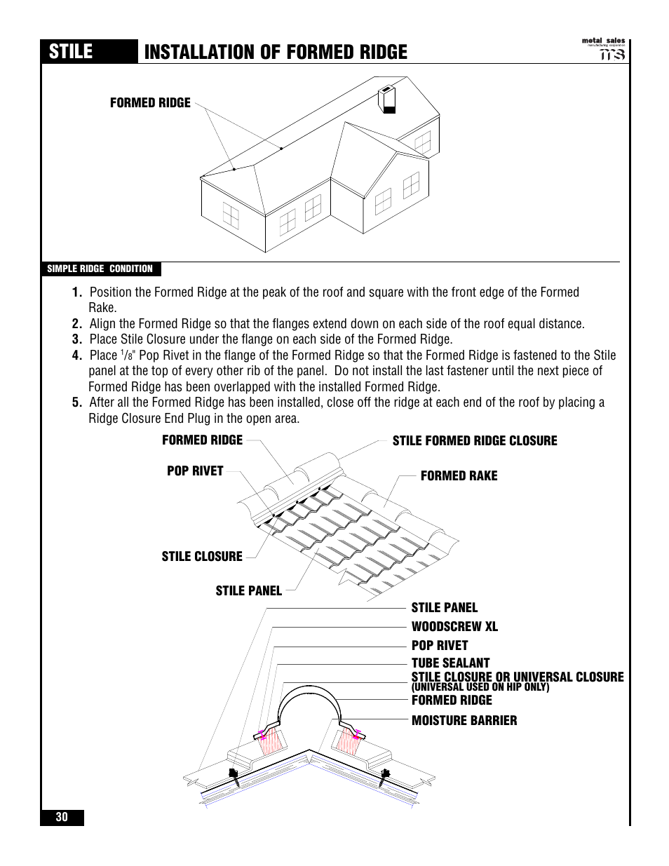 Stile, Installation of formed ridge | Metal Sales Stile Installation User Manual | Page 31 / 54